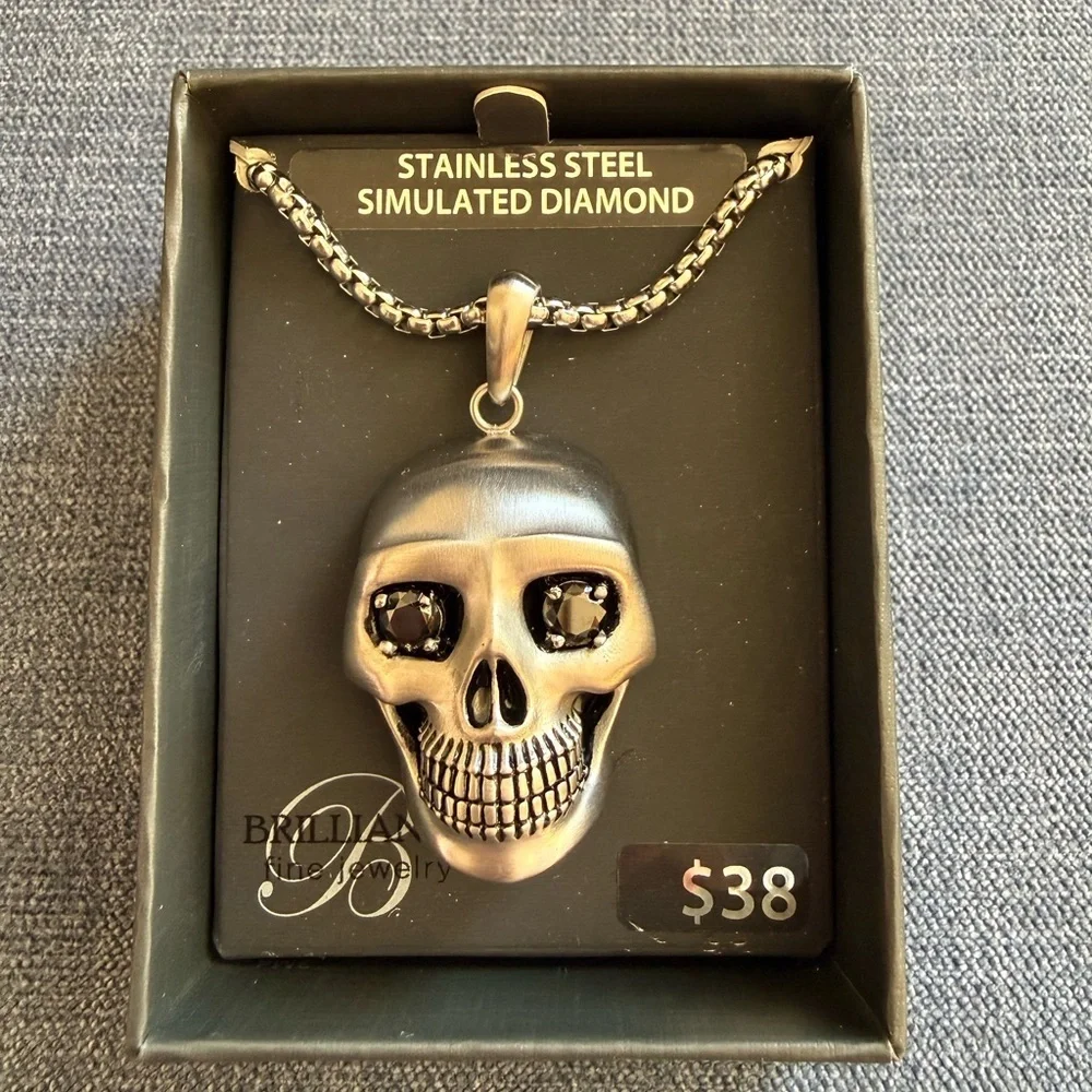 Brilliance Men’s Stainless Steel Simulated Diamond Skull Pendant Necklace 22 In